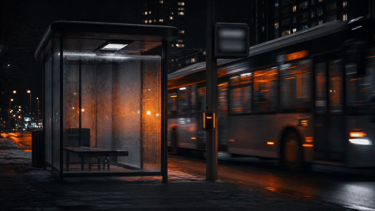 Miejski autobus nocą mijający oszkloną wiatę przystankową