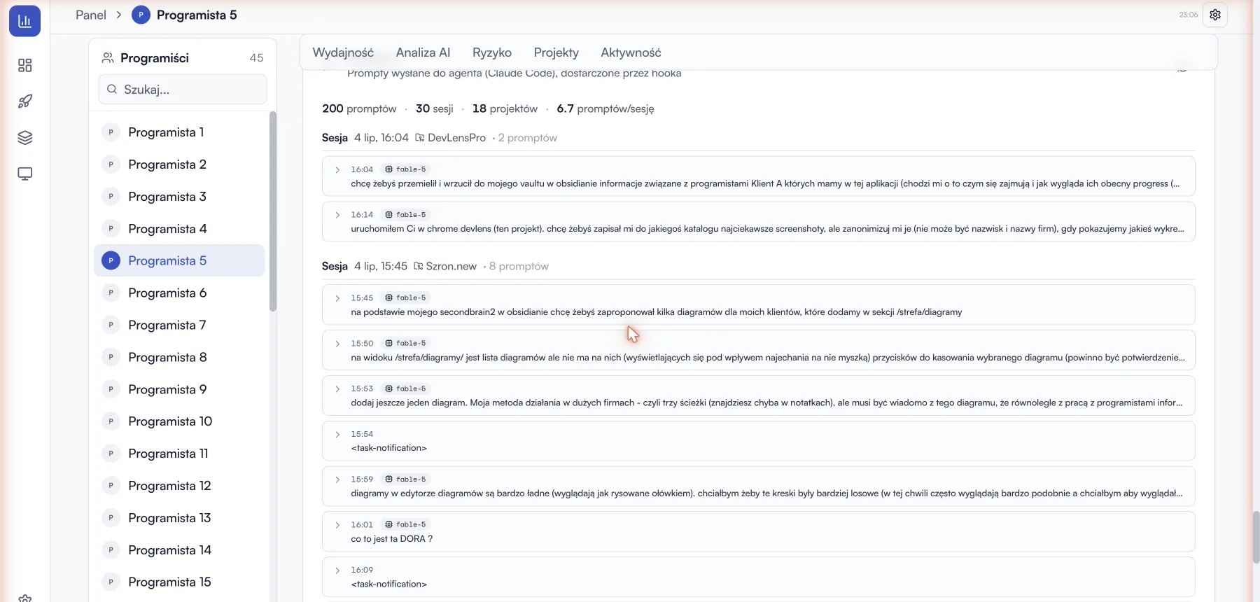 Widok Analiza AI: lista promptów wysłanych do agenta Claude Code pogrupowana w sesje i projekty