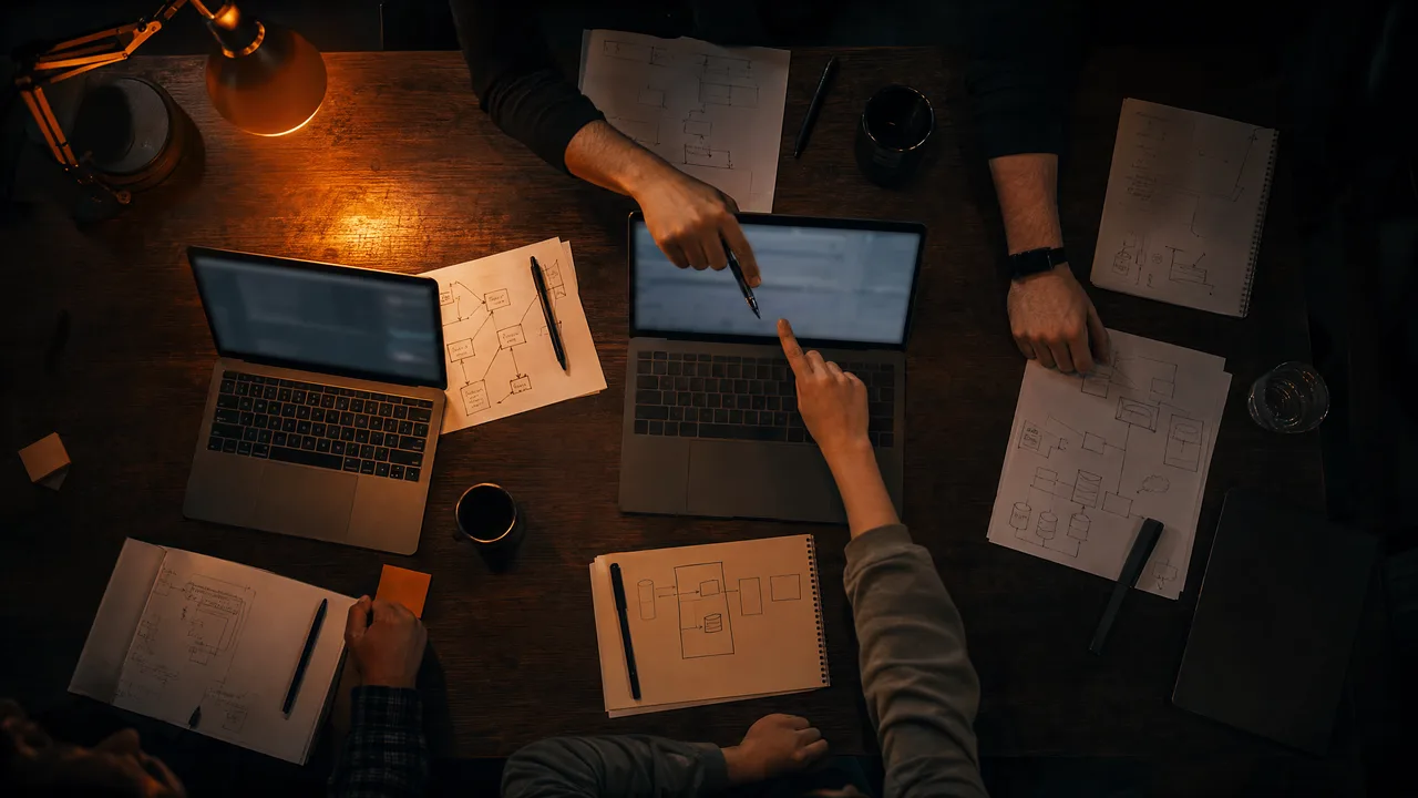 Stół warsztatowy z laptopami i odręcznymi diagramami w ciepłym świetle
