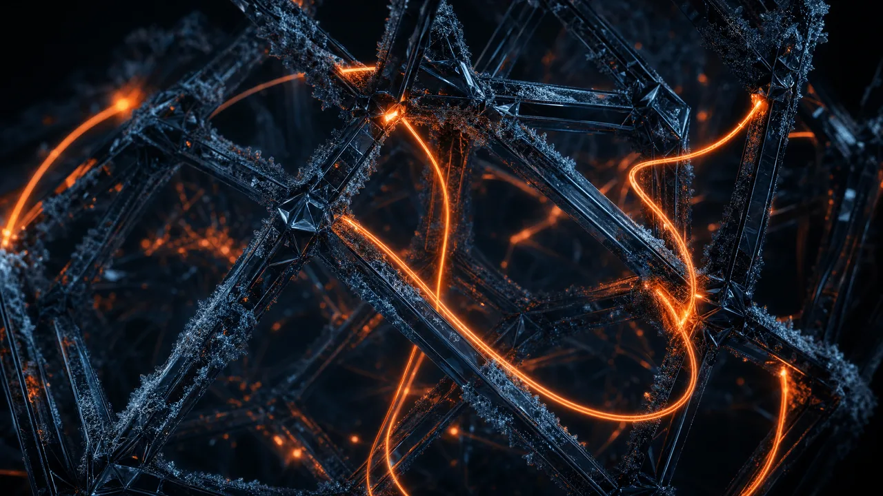 Pomarańczowe nici światła przeplatające się przez ciemną krystaliczną strukturę