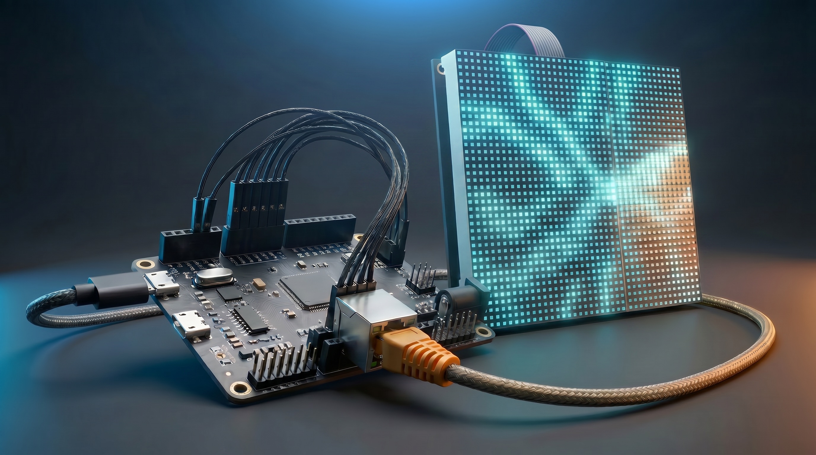 Płytka STM32 połączona z matrycą LED RGB 64x64 i kablem Ethernet, w tle terminal agenta AI