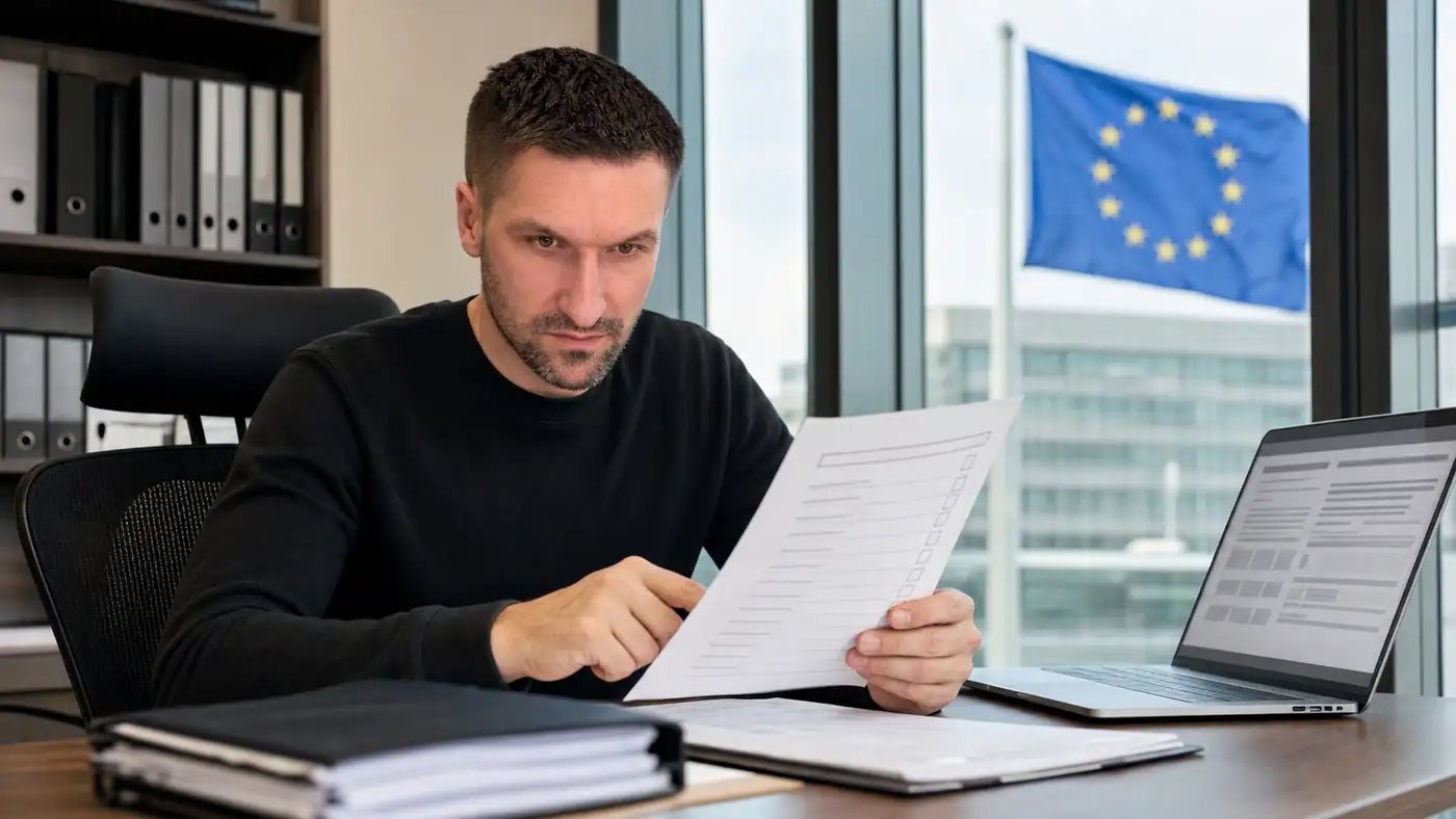 Tomek analizuje wydrukowaną checklistę zgodności, za oknem flaga Unii Europejskiej