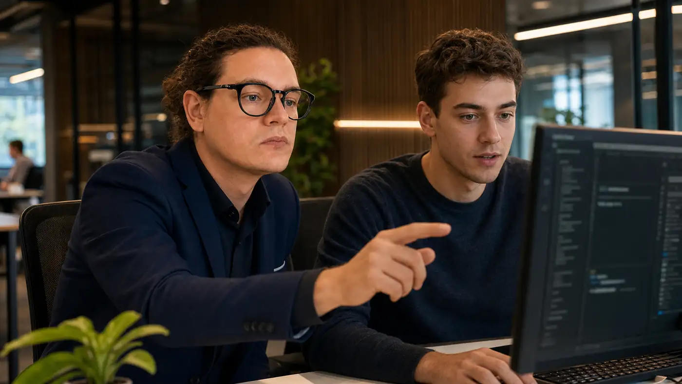 Maciej programuje w parze z programistą przy monitorze z panelem asystenta AI