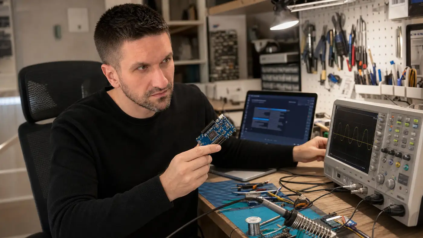 Tomek przy stanowisku elektronicznym z płytką STM32 i oscyloskopem, obok laptop z terminalem AI