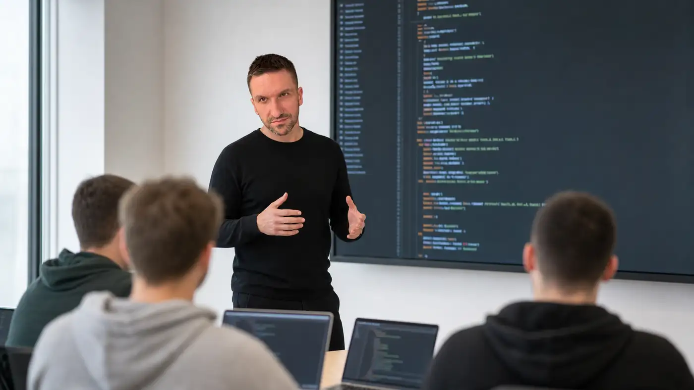Tomek prowadzi szkolenie przed dużym ekranem z terminalem, uczestnicy z laptopami