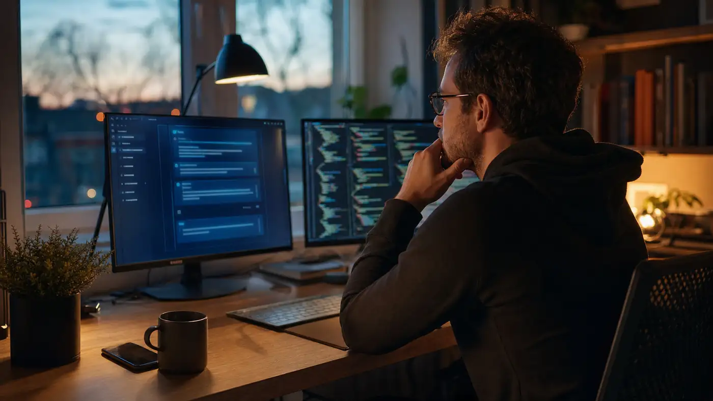 Programista przy biurku z dwoma monitorami, na ekranie terminal z rozmową z agentem AI