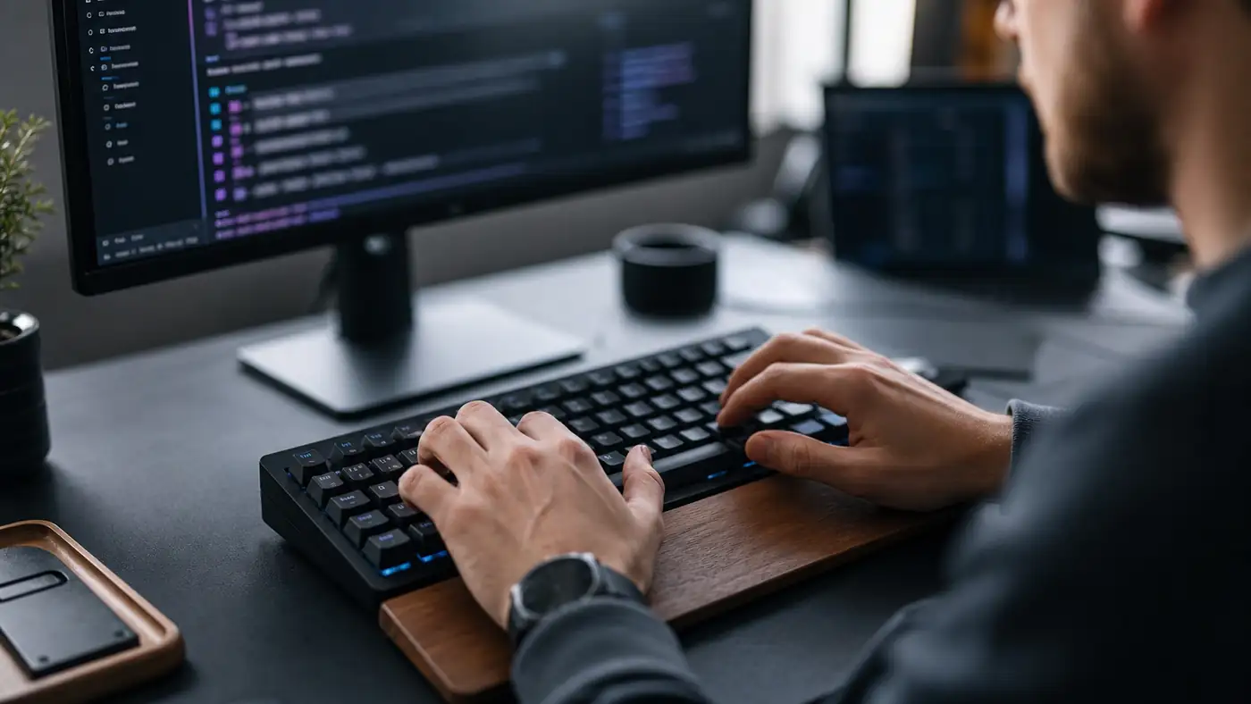 Dłonie na klawiaturze mechanicznej, na monitorze terminal z wyjściem agenta CLI