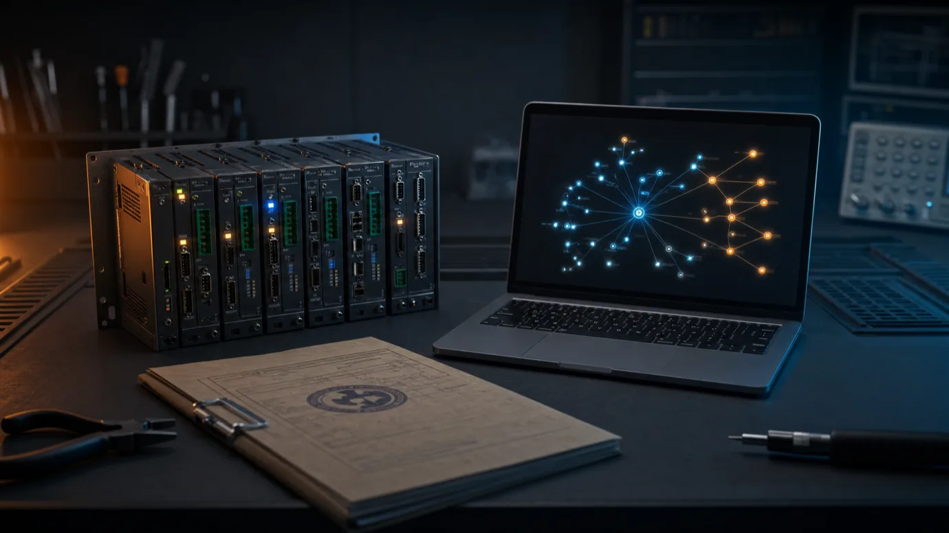 Rack modułów elektroniki przemysłowej obok laptopa z wizualizacją grafu zależności oprogramowania (SBOM) i teczką dokumentacji technicznej
