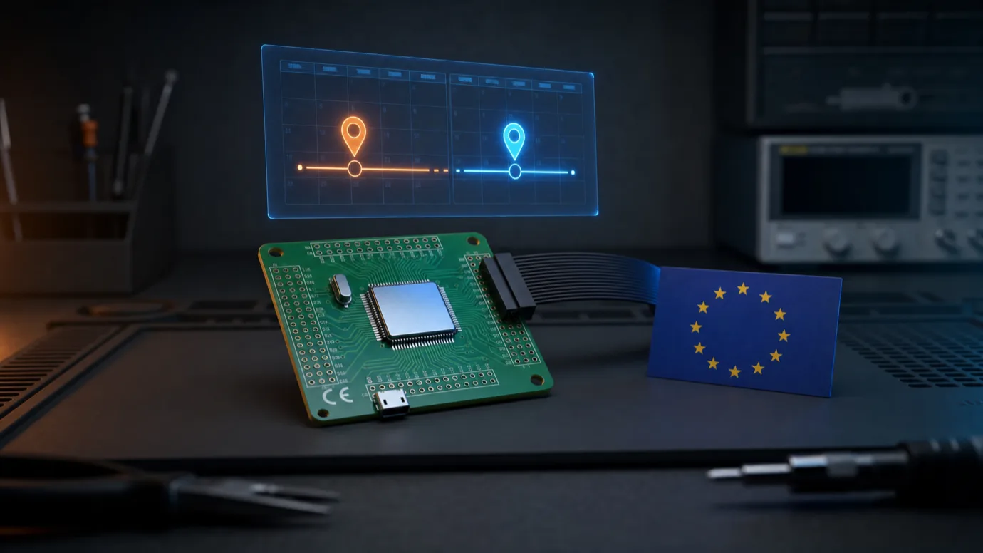 Płytka PCB z oznaczeniem CE obok flagi UE; nad nią holograficzna oś czasu z dwoma terminami