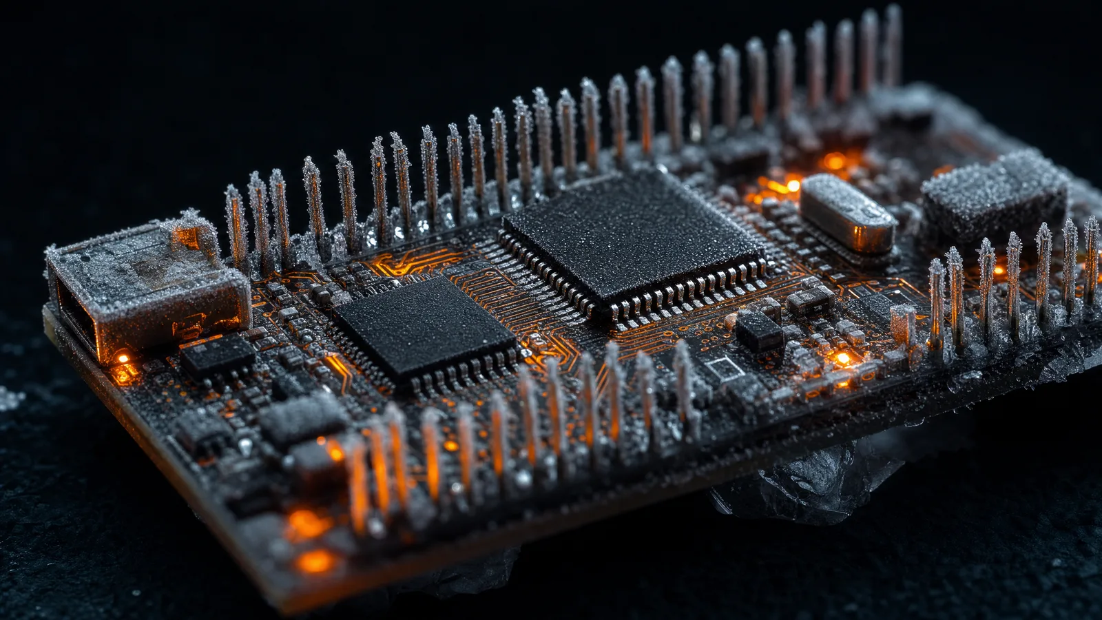 Makro oszronionej płytki STM32 ze świecącymi pomarańczowo ścieżkami