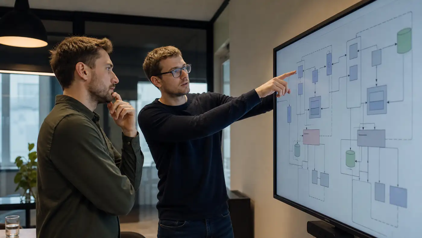 Dwoje inżynierów w sali spotkań omawia diagram architektury systemu na dużym ekranie