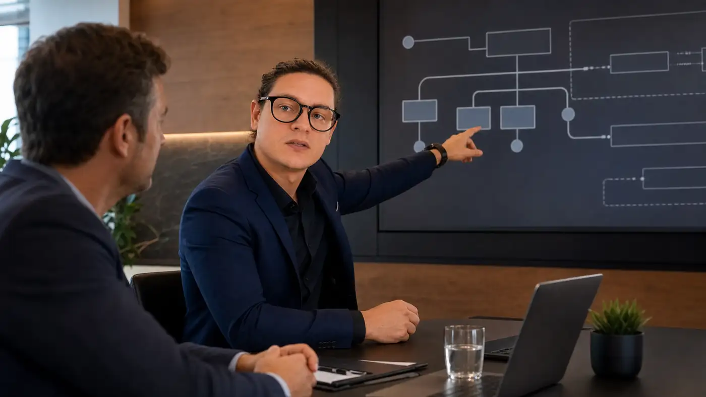 Maciej pokazuje klientowi diagram architektury systemu na dużym ekranie w sali konferencyjnej