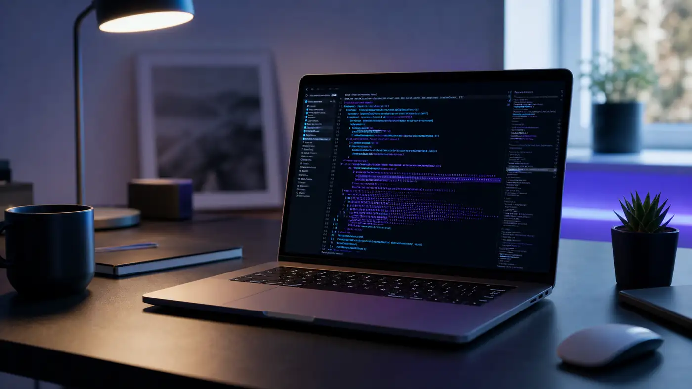 Laptop z agentem CLI w terminalu, niebiesko-fioletowe akcenty światła