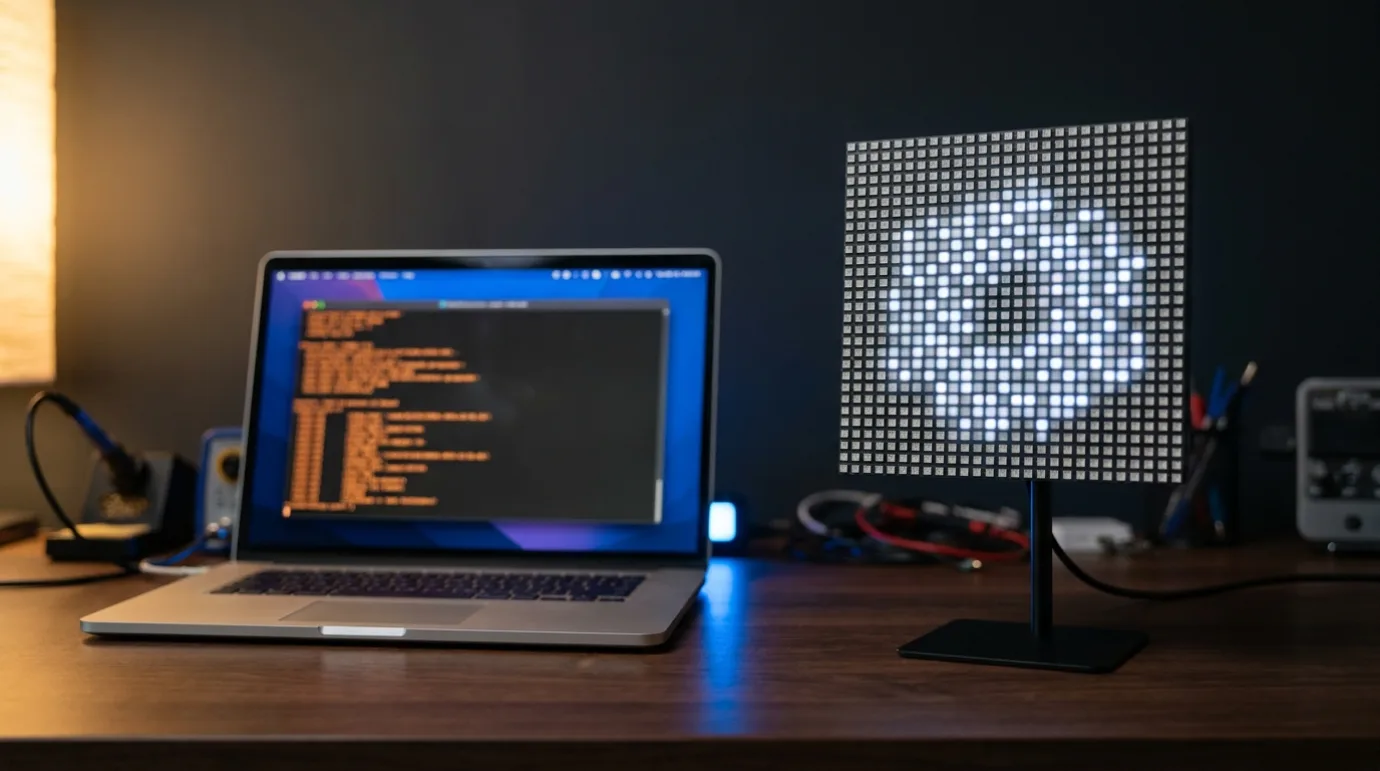Laptop z terminalem agenta AI obok matrycy LED 64×64 wyświetlającej padający śnieg — kadr jak z filmu „Od promptu do pikseli