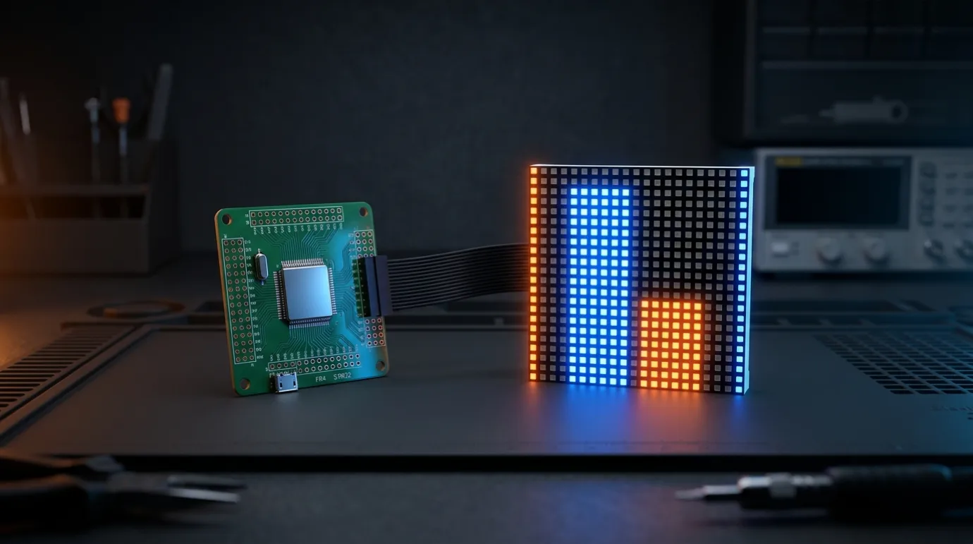 Płytka STM32 połączona z matrycą LED 64×64 wyświetlającą wykres słupkowy porównania wydajności