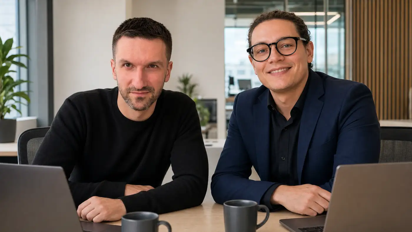 Tomek i Maciej przy stole w jasnym biurze, z laptopami i kawą — gotowi do rozmowy