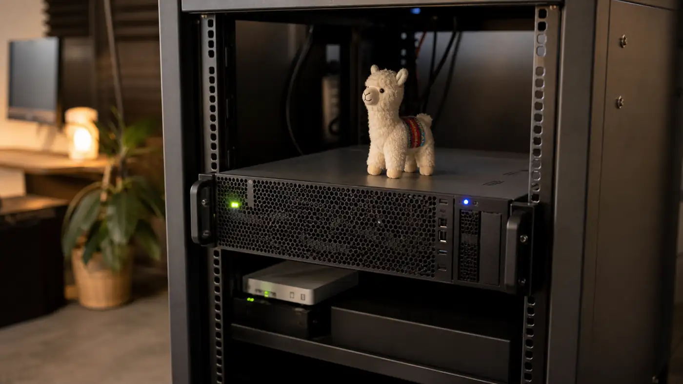 Domowy rack serwerowy z GPU i figurką lamy na obudowie