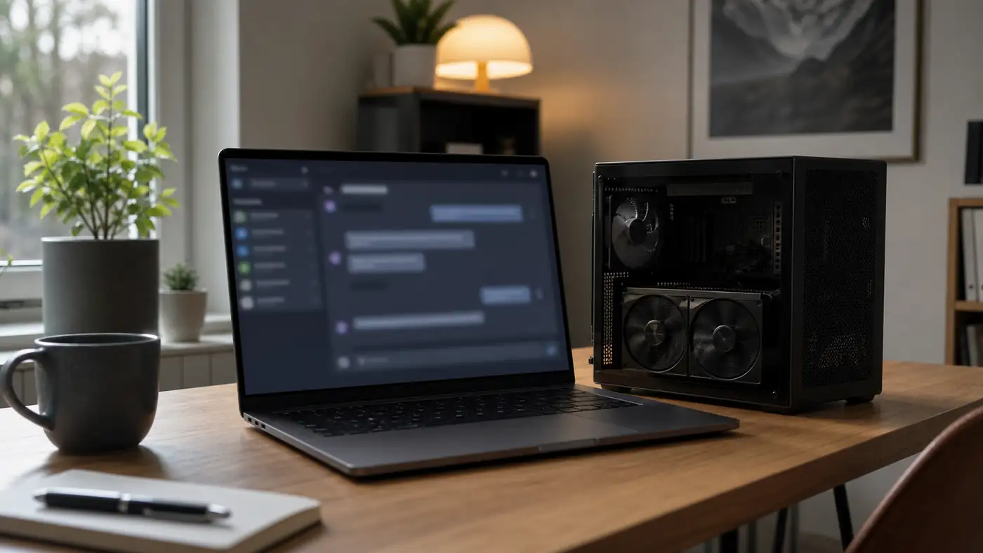 Laptop z aplikacją lokalnego modelu AI, obok mała wieża z GPU