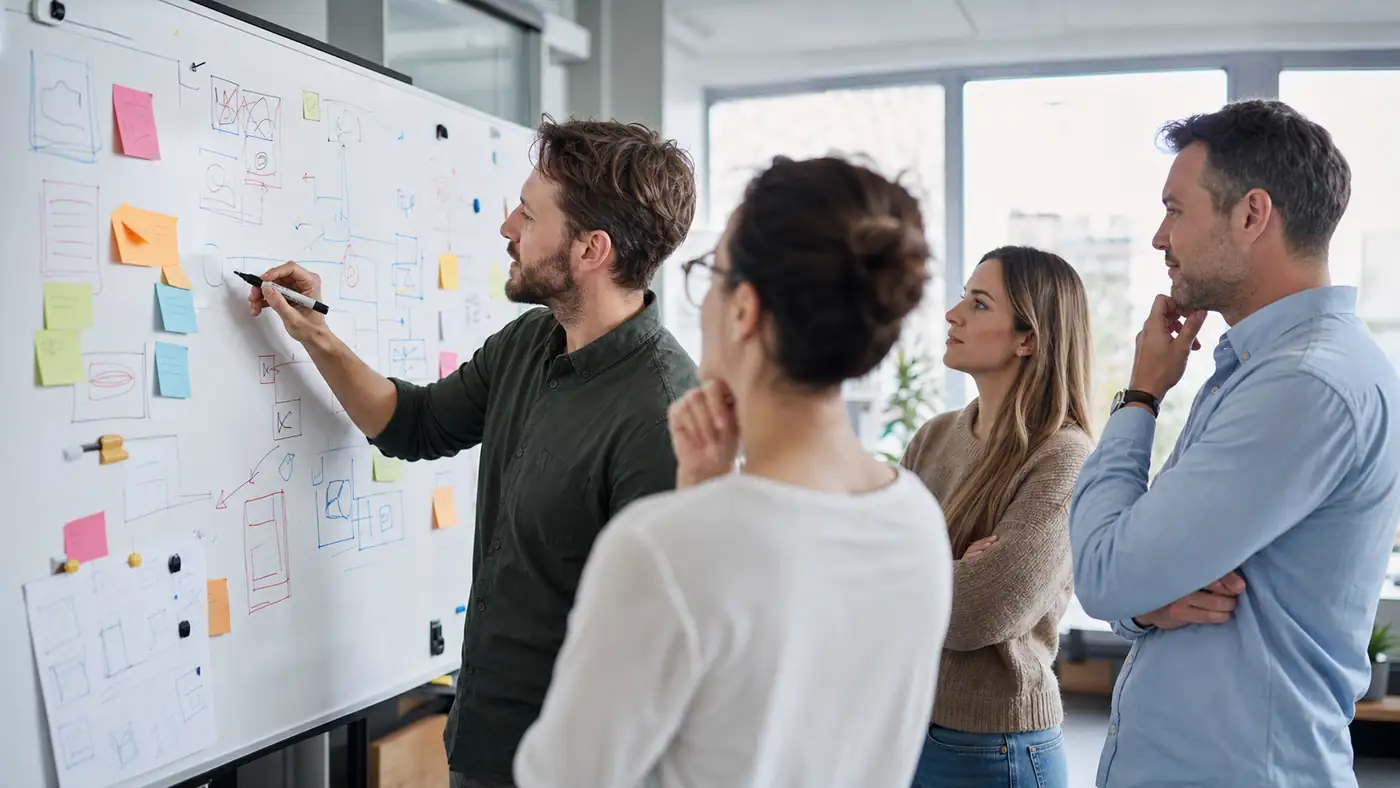 Zespół produktowy przy tablicy z karteczkami i diagramem procesu — planowanie na żywo