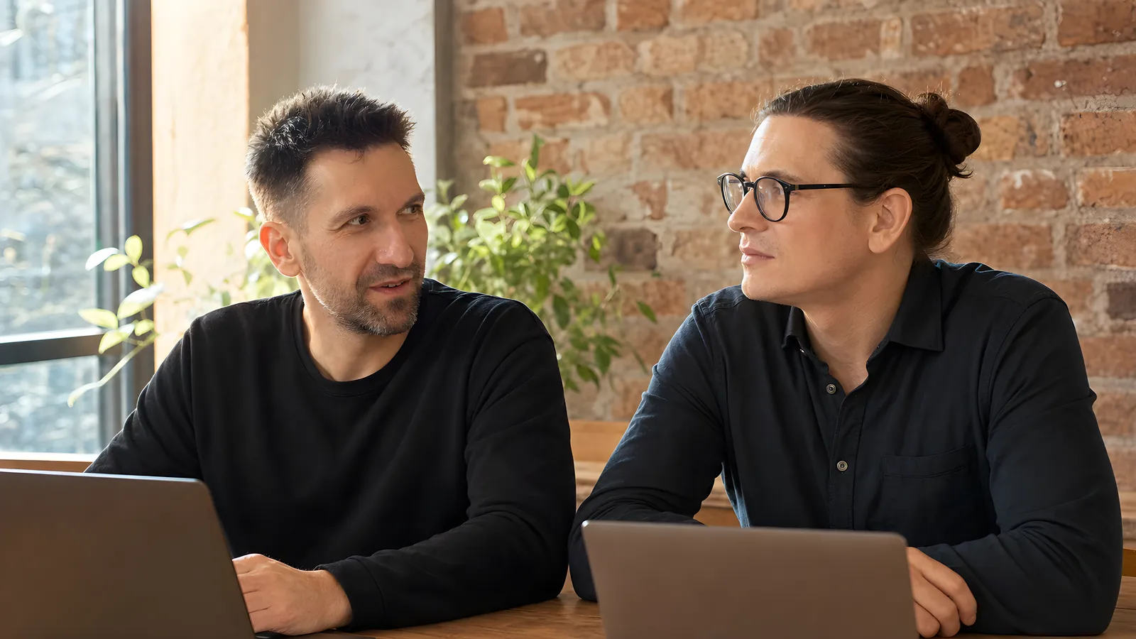 Dwóch inżynierów pracujących razem przy laptopach w nasłonecznionym biurze