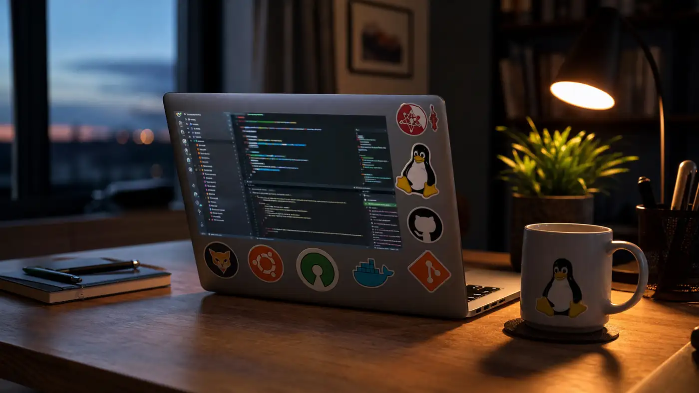 Laptop z naklejkami projektów open source i otwartym repozytorium kodu