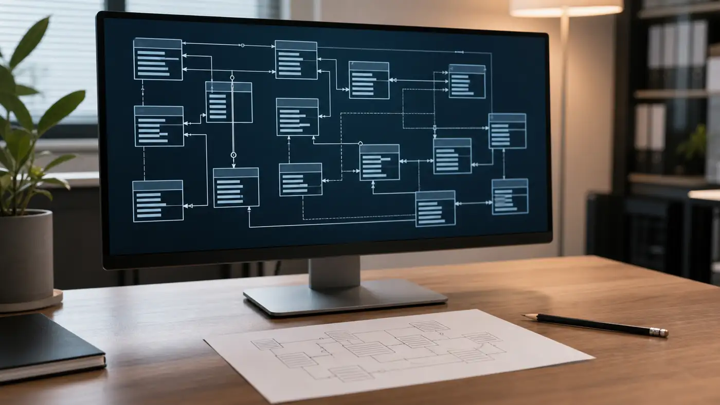 Monitor ze schematem bazy danych i połączonymi tabelami, obok wydrukowany diagram ER