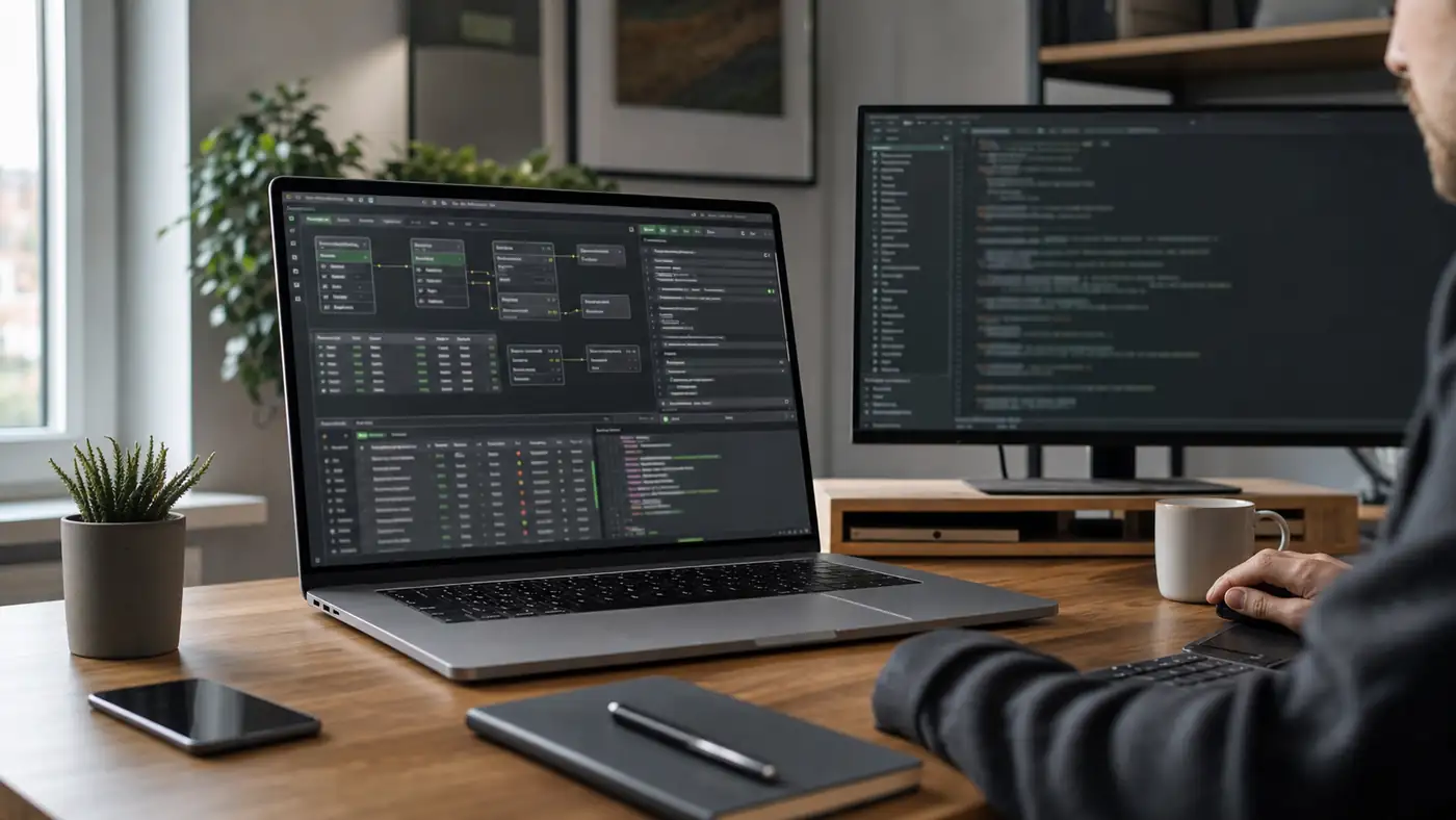 Laptop z dashboardem bazy danych i edytorem SQL, obok terminal na drugim ekranie