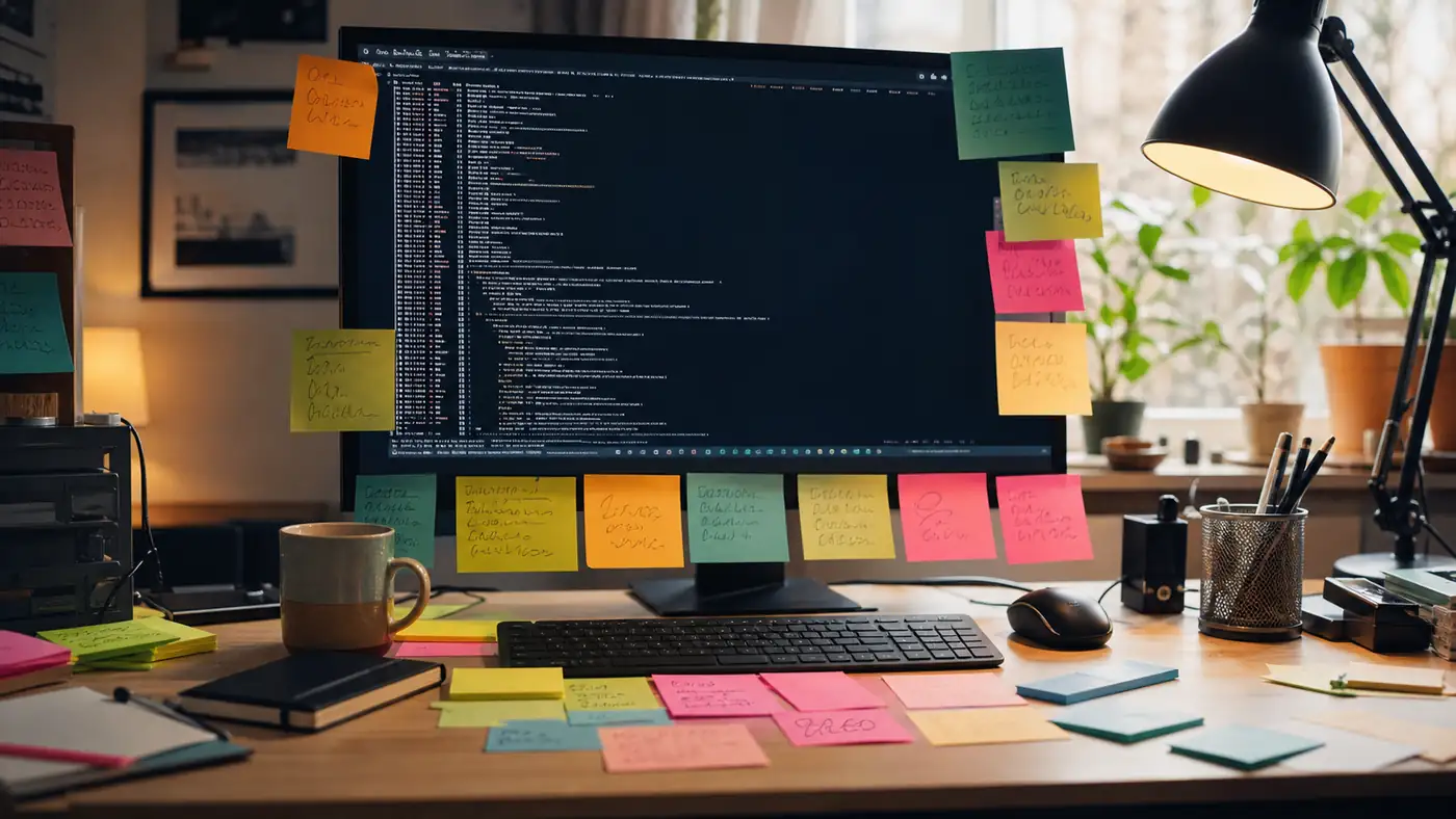 Biurko programisty z kolorowymi karteczkami ze skrótami wokół monitora z terminalem