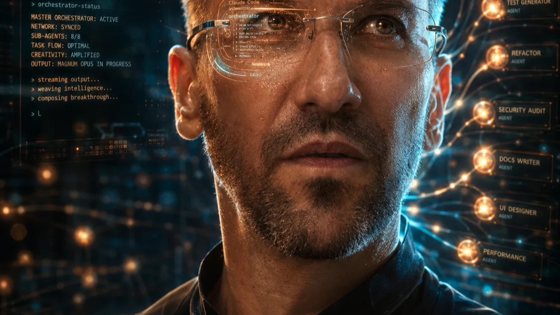 Programista orkiestrujący rój agentów Claude Code — HUD z aktywnymi sub-agentami