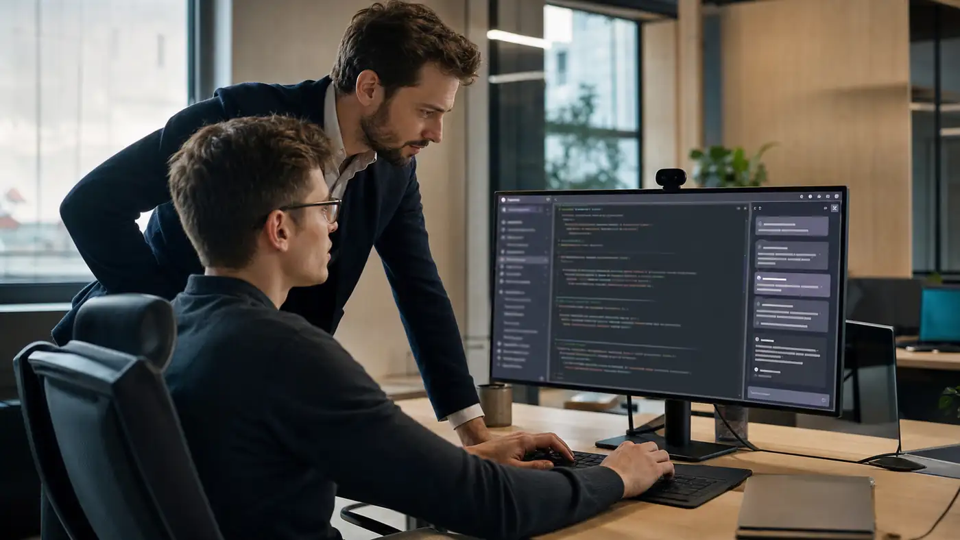 Programowanie w parze z panelem asystenta AI widocznym na szerokim monitorze