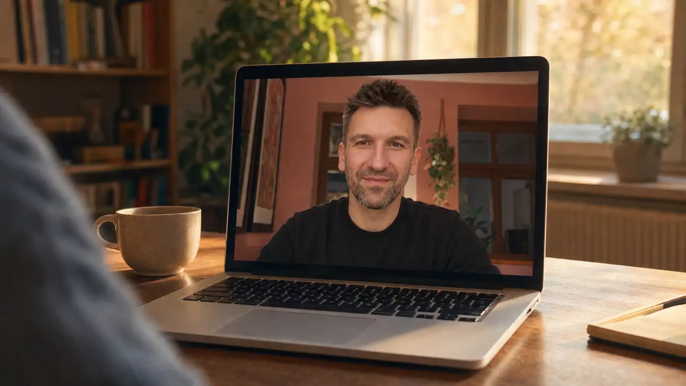 Wideorozmowa na laptopie — na ekranie Tomek uśmiecha się do kamery; obok kubek kawy w ciepłym popołudniowym świetle