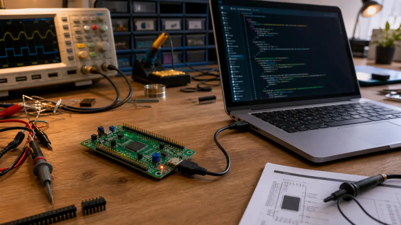 Stanowisko warsztatowe: devboard STM32 podpięty do laptopa z otwartym edytorem kodu, obok oscyloskop i wydrukowany datasheet